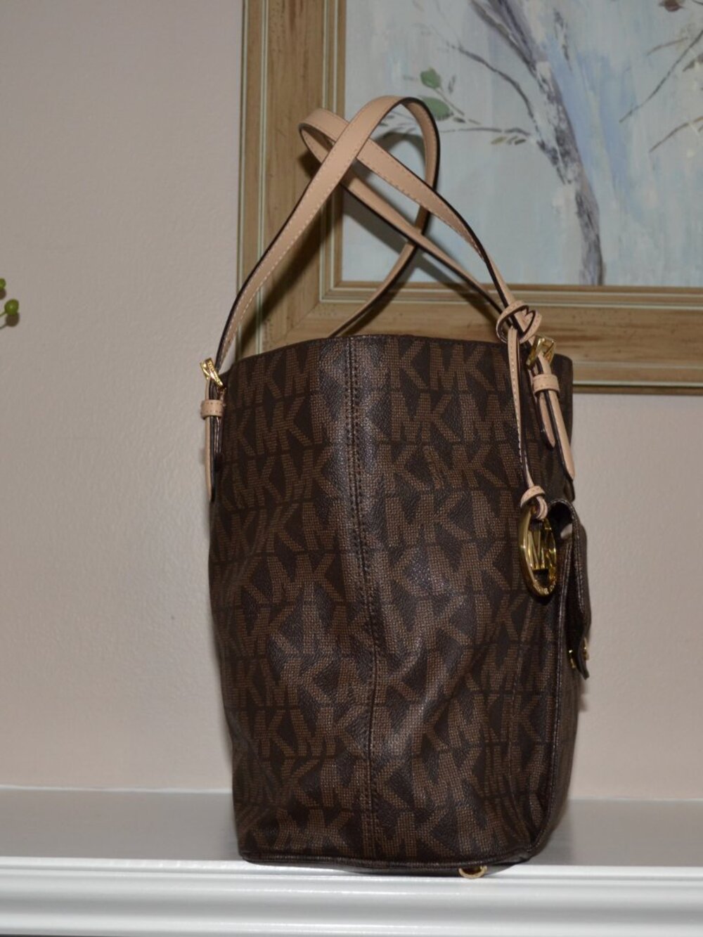 Michael Kors Brown Monogram Pebbles leather Jet Set Logo Large Pocket Tote Bag - Picture 2 of 9